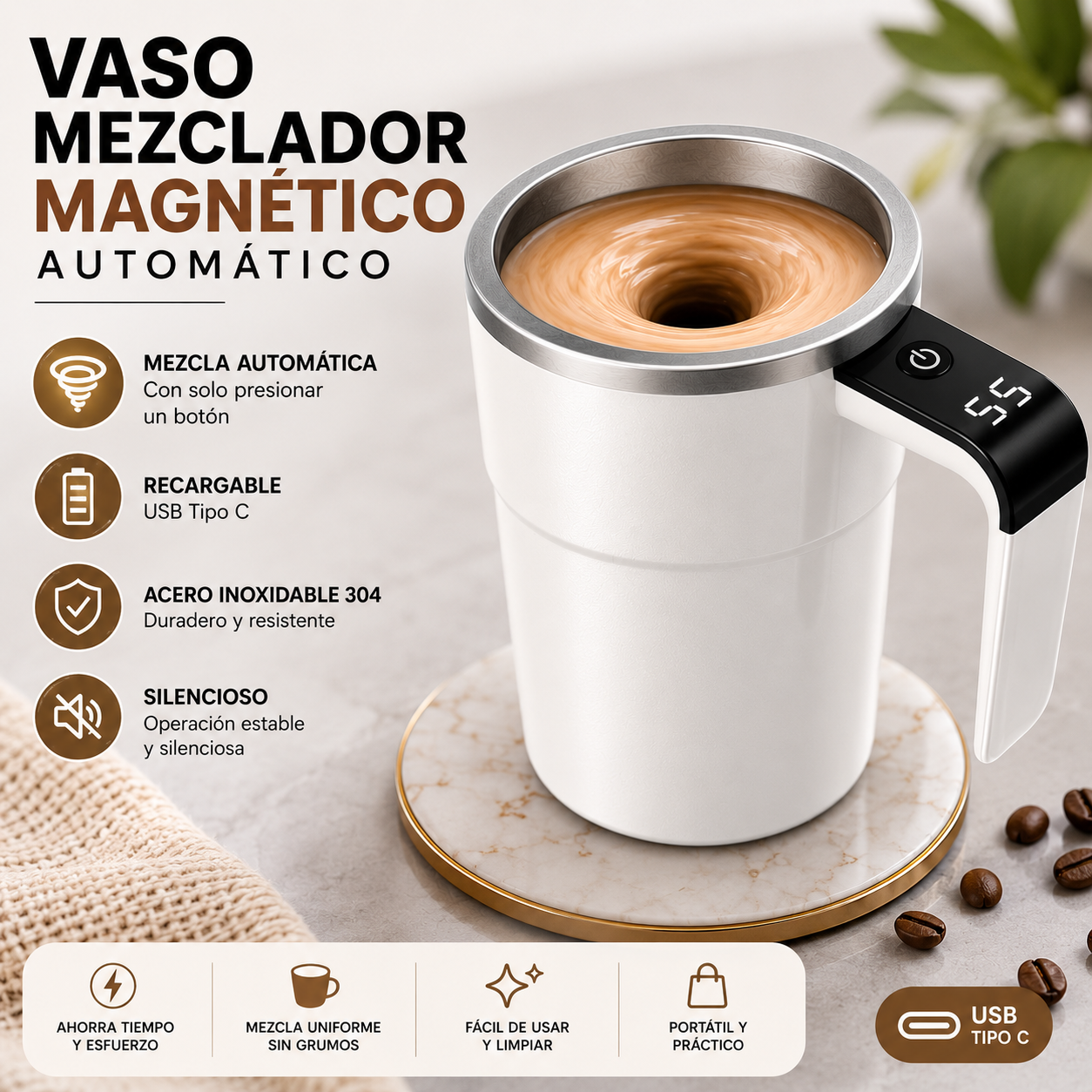 Taza Mezcladora Magnética Automática Recargable de Acero Inoxidable Autoagitadora para Café, Choco