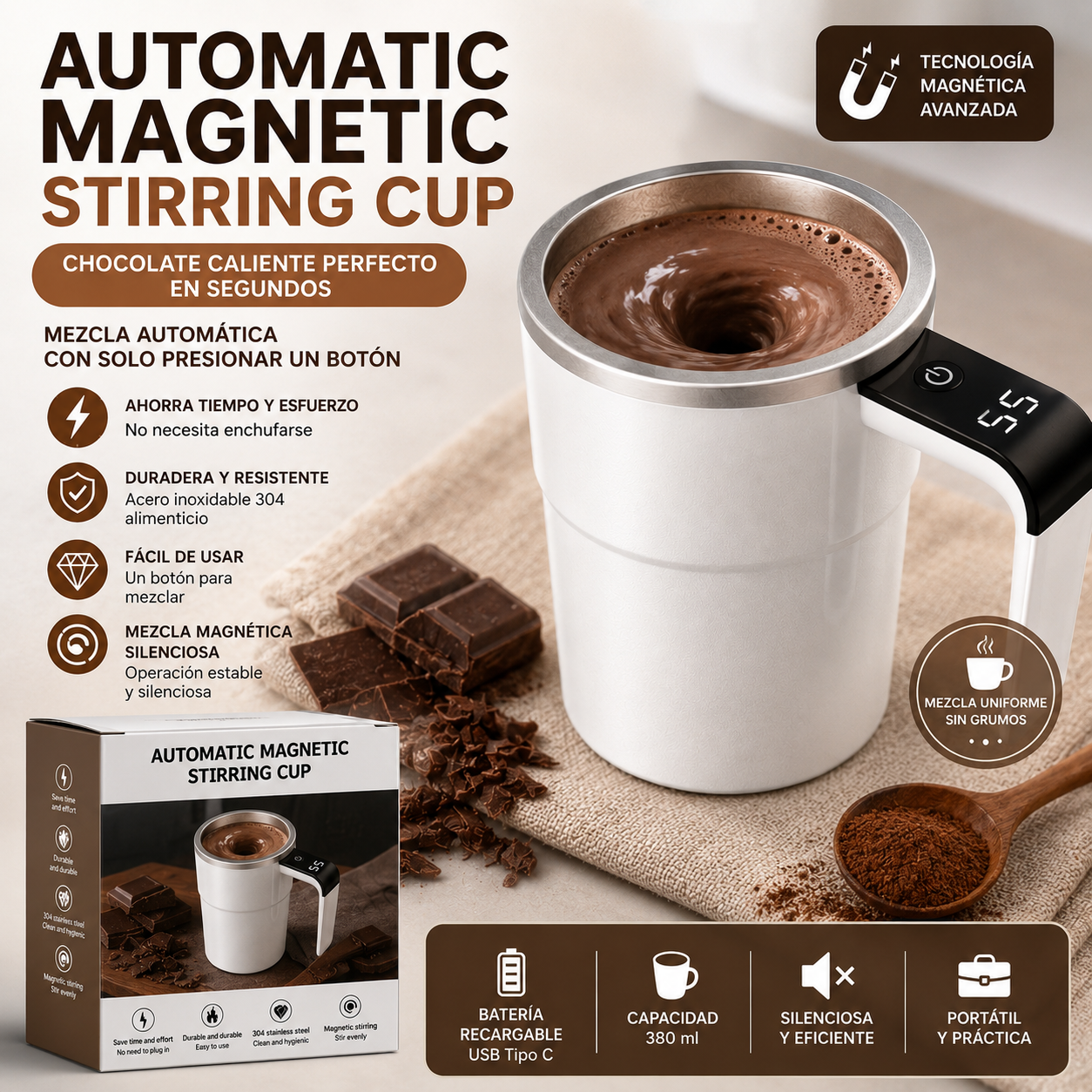Taza Mezcladora Magnética Automática Recargable de Acero Inoxidable Autoagitadora para Café, Choco