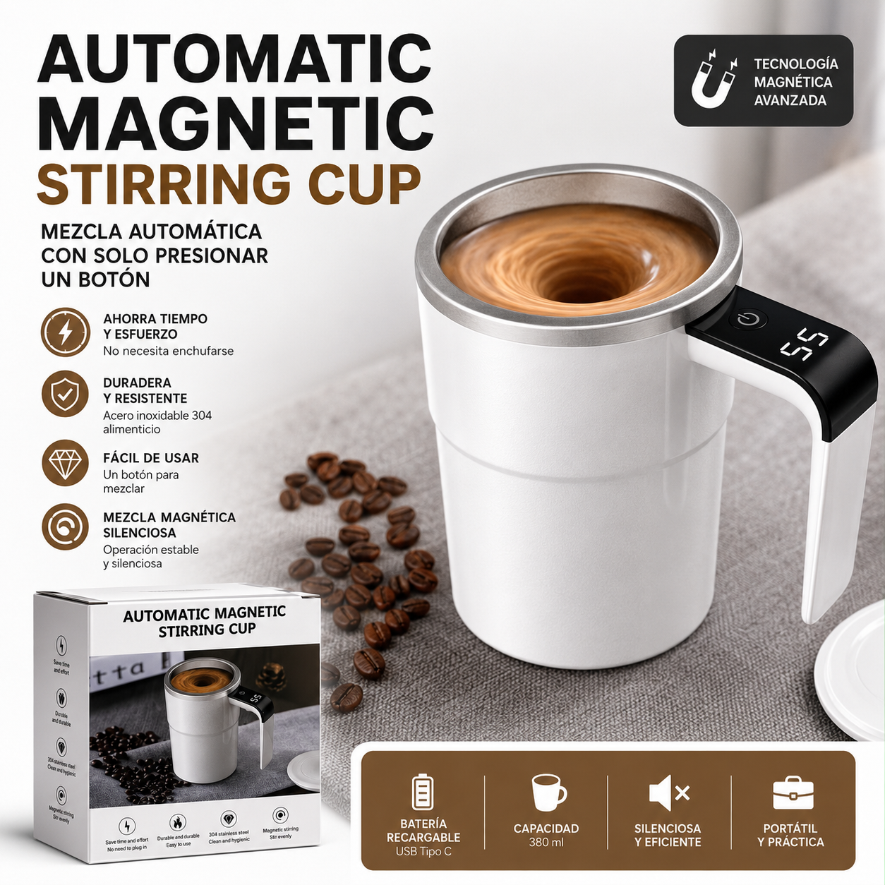 Taza Mezcladora Magnética Automática Recargable de Acero Inoxidable Autoagitadora para Café, Choco