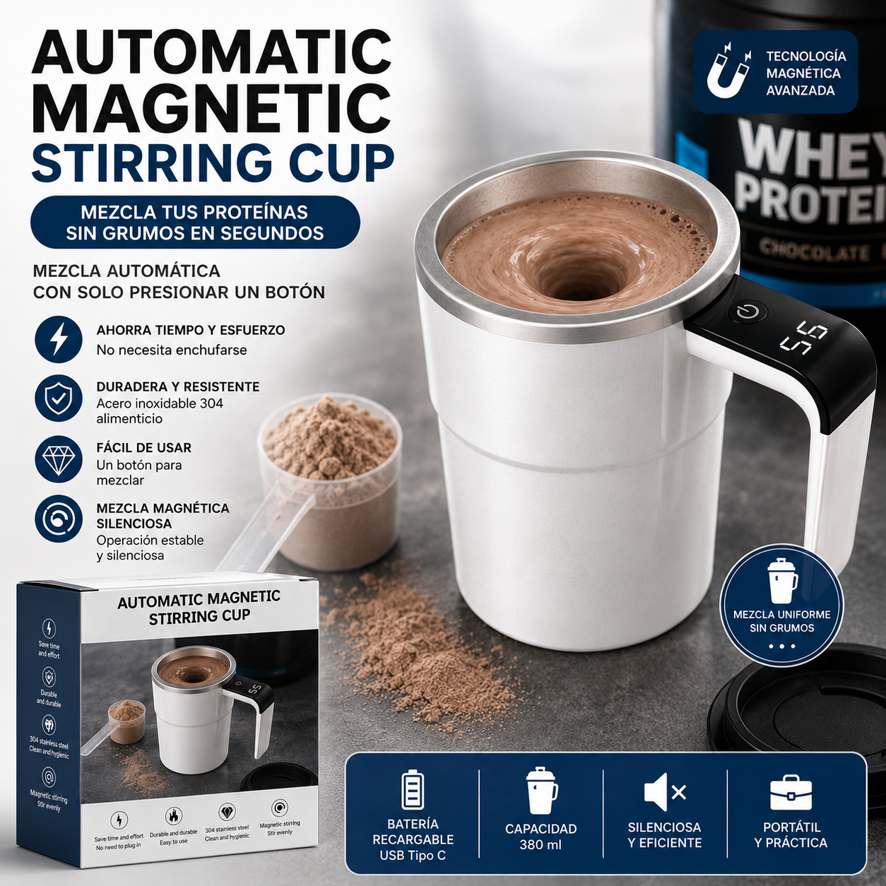 Taza Mezcladora Magnética Automática Recargable de Acero Inoxidable Autoagitadora para Café, Choco